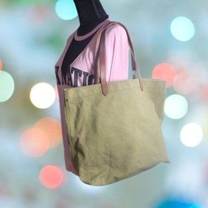 DAMAGED Madewell Handbag Green Canvas Transport Tote Leather Straps Shoulder Bag